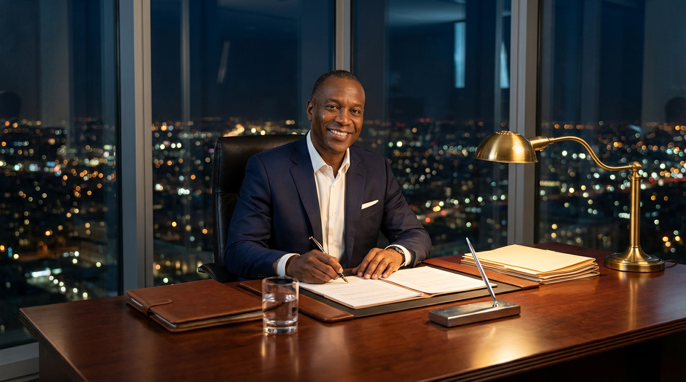 Black financial advisor in premium office at dusk, signing documents—professional lending services for Nigeria.