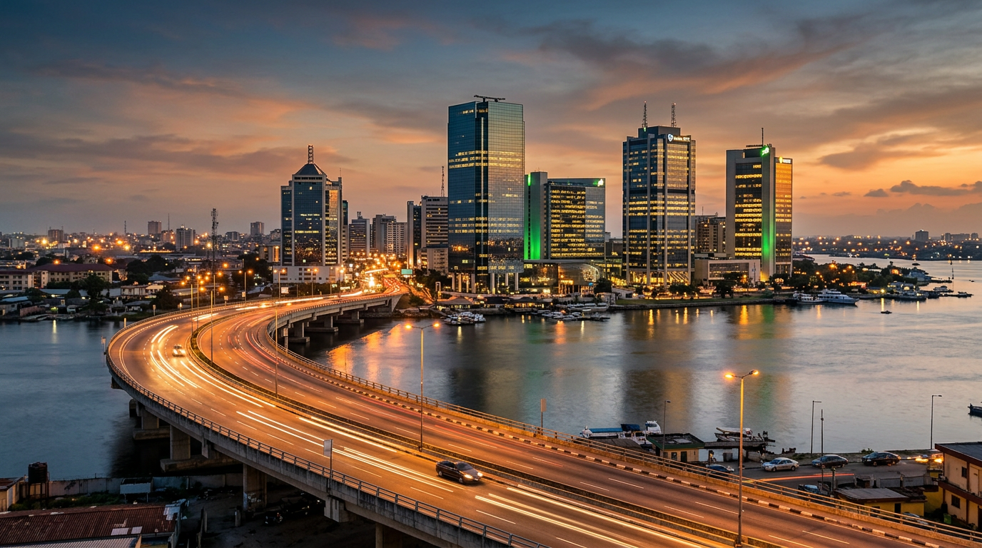 Lagos central business district skyline, Nigerian finance context
